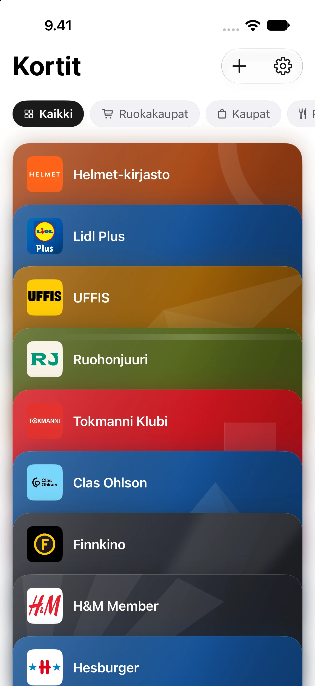An iPhone showing the card stack in the Etukortit app