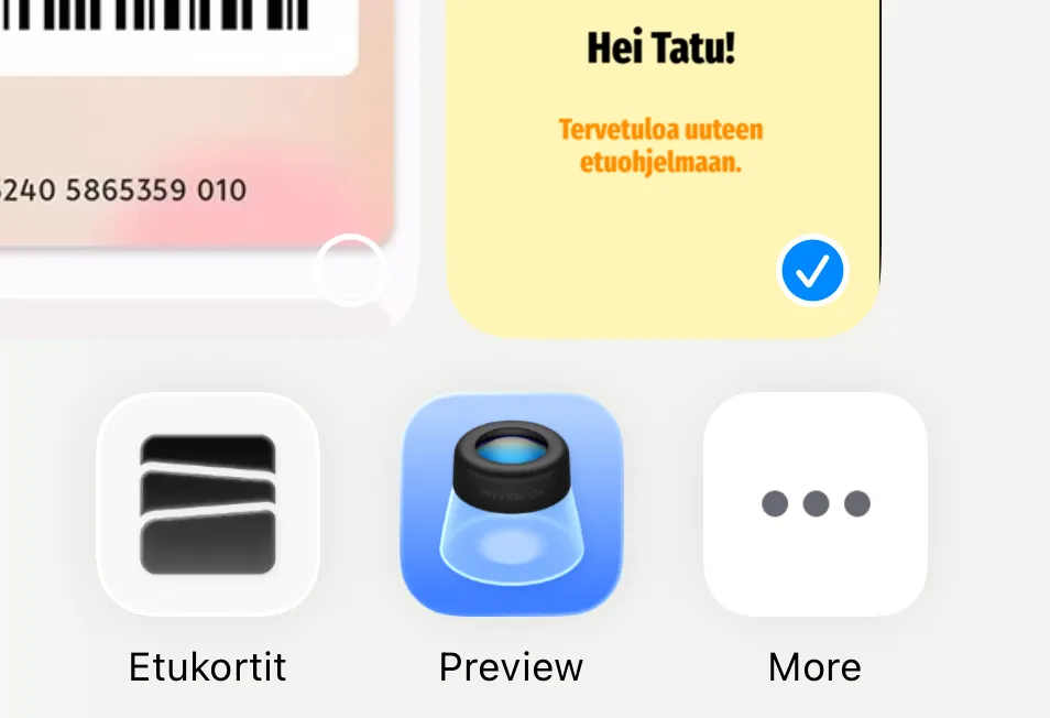iOS:n jakovalikko, jossa kuvakaappaus etukortista jaetaan Etukortit-sovellukseen