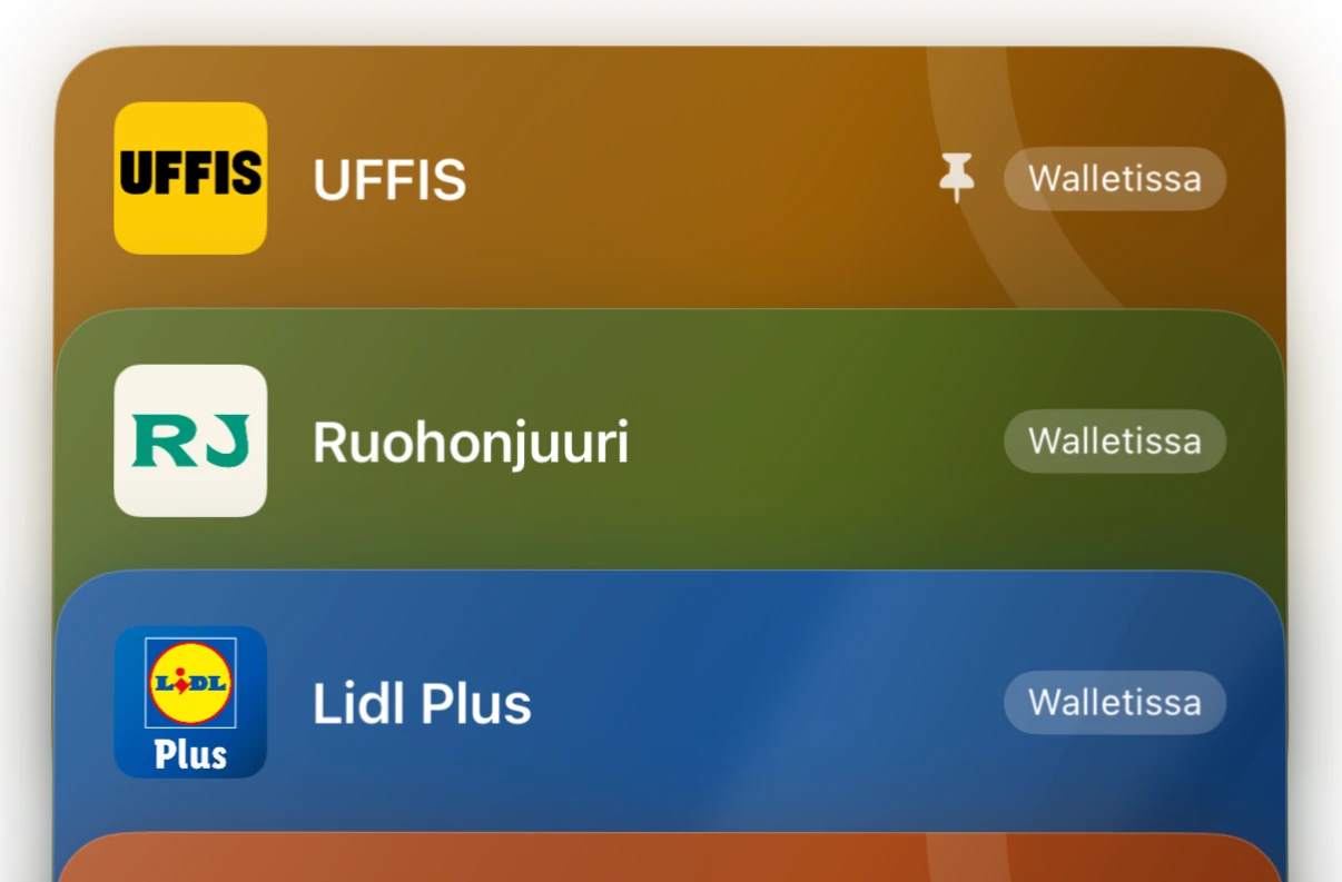 The card stack with UFFIS, Ruohonjuuri and Lidl Plus marked as added to Wallet