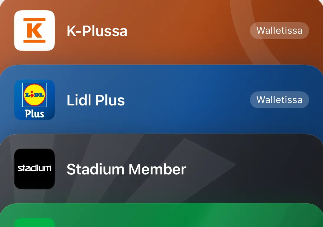 Korttipino, jossa K-Plussa ja Lidl Plus on merkitty Walletissa-merkinnällä