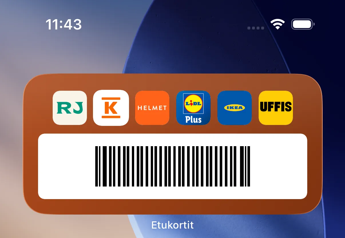 Etukorttien kotinäytön widget, jossa kuusi korttia ja auki oleva viivakoodi