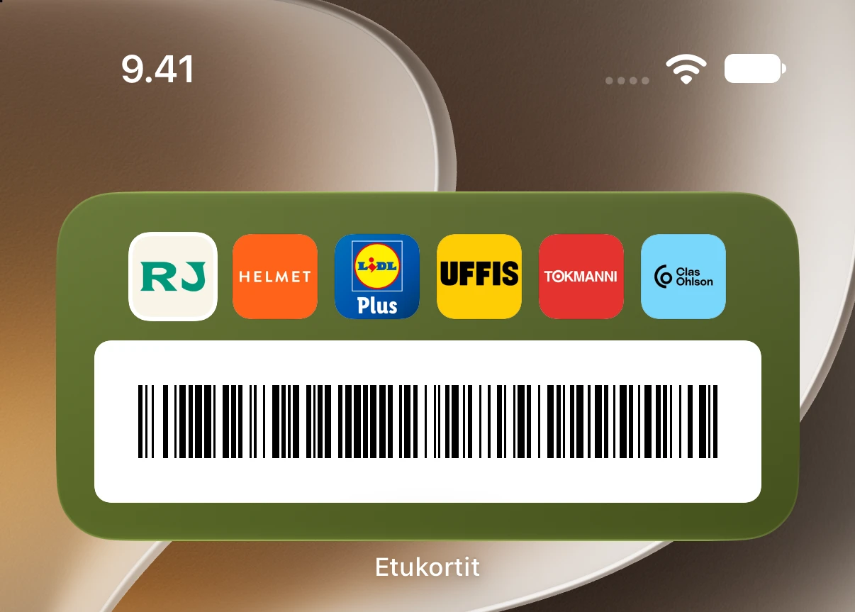 The Etukortit home screen widget showing six cards and an open barcode